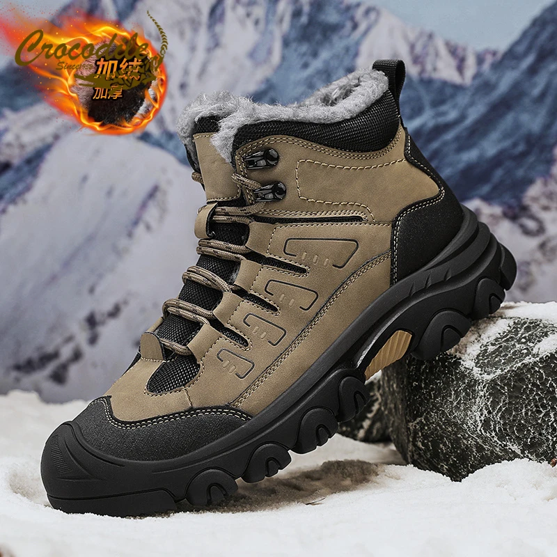 鳄鱼恤冬季加绒棉靴男士加绒保暖户外马丁靴抗寒防滑工装鞋雪地靴
