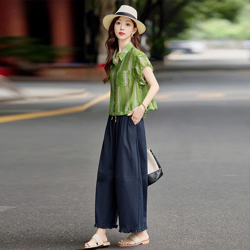 夏日绝美巨好看套装女2025新款时尚洋气竖条纹衬衫上衣百搭阔腿裤
