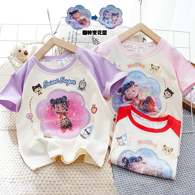 新款2025卡通纯棉亮片儿童变色夏季翻转上衣T恤
