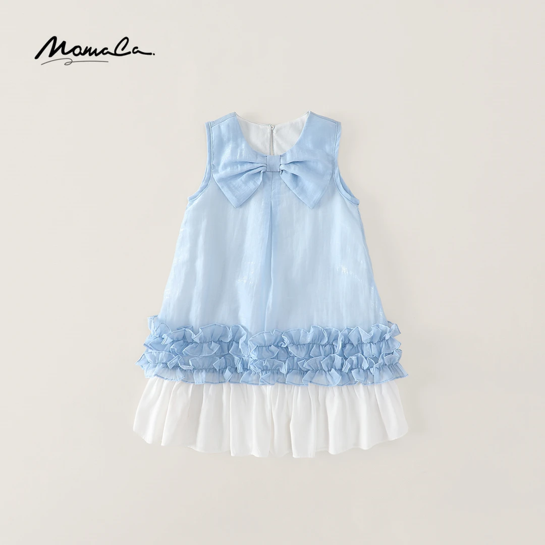 MOMOCO夏季女童甜美可爱蝴蝶结花边无袖蓝色连衣裙77620470029