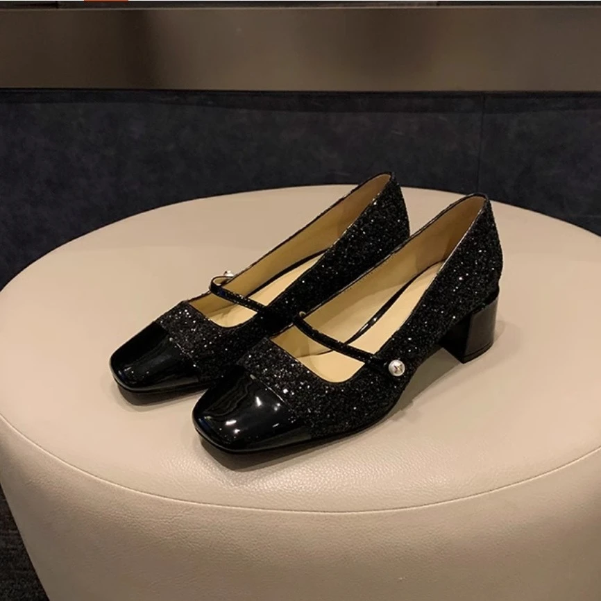 秋季高跟新款闪耀奢华晚宴小香风方头单扣搭配优雅玛丽珍女鞋百搭