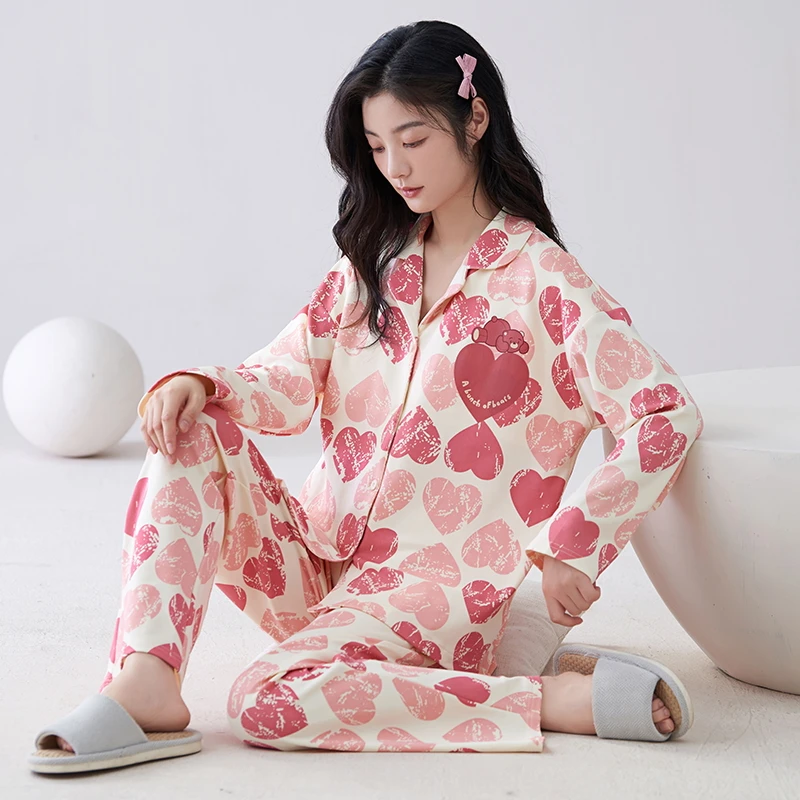 带胸垫长袖长裤开衫纯棉睡衣春秋韩版宽松女士新款家居服套装