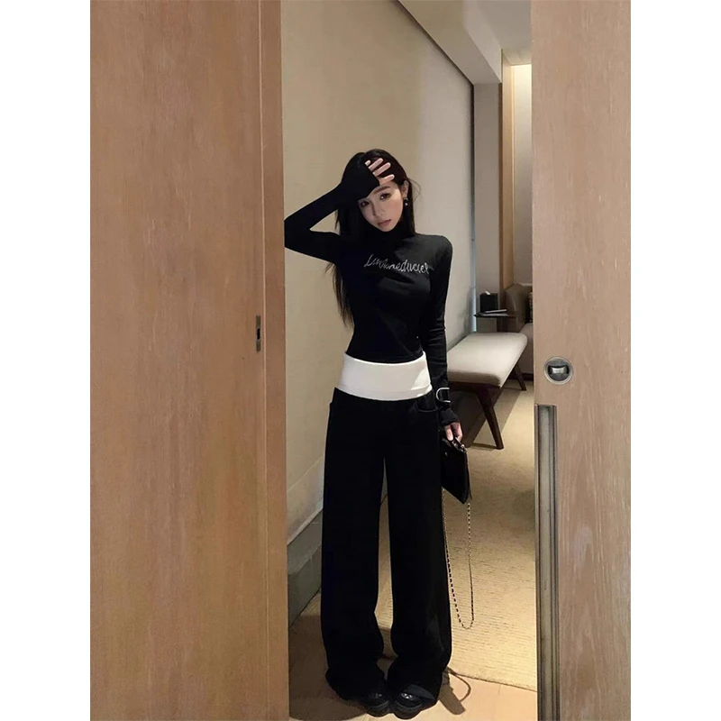 2025早春韩版气质纯欲高领炸街长袖上衣女高腰拼接休闲阔腿裤套装
