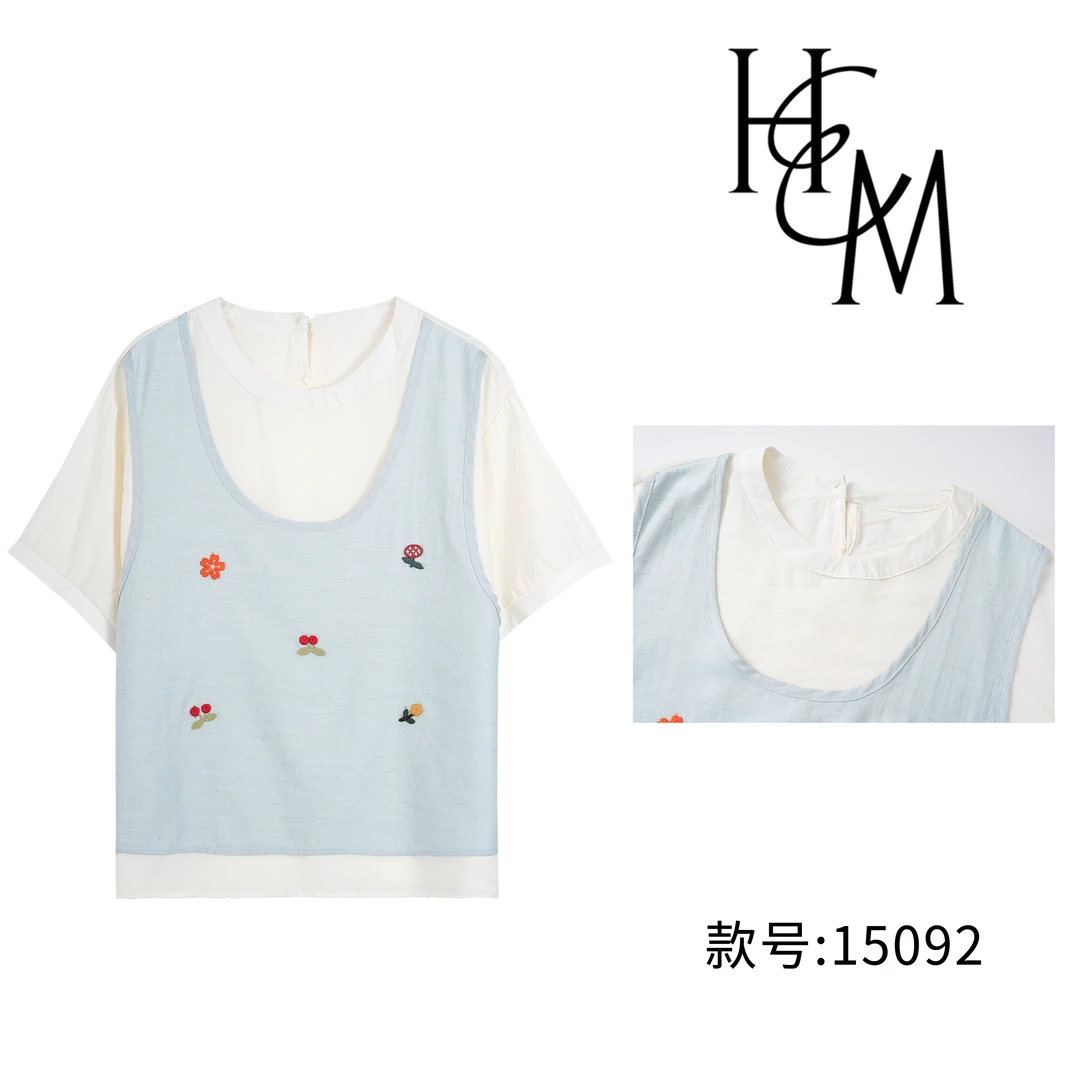 HUIERMAN/慧尔曼时尚设计师款立体图案假两件苎麻拼接短袖【15092】