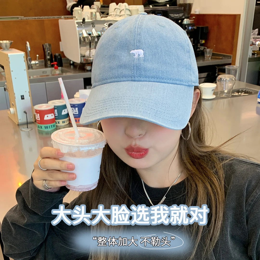 大头围牛仔棒球帽大圆脸帽子女刺绣北极熊加宽帽檐鸭舌帽