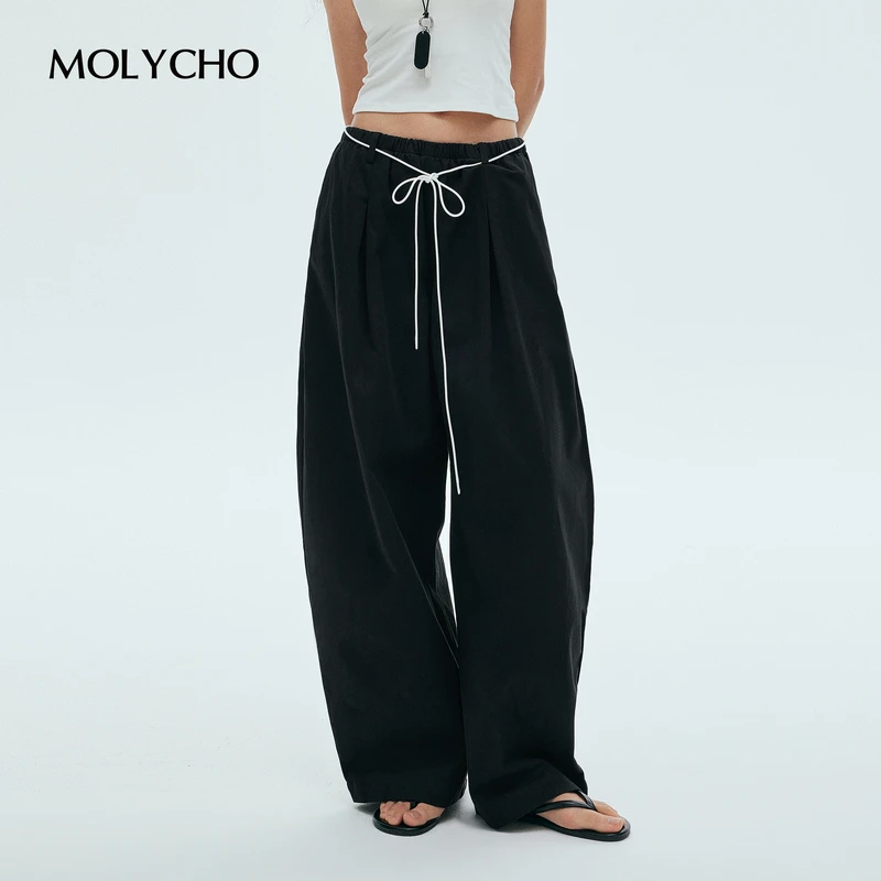 MOLYCHO  |  散步神裤/松紧腰黑色弯刀裤女/慵懒风休闲拖地阔腿裤