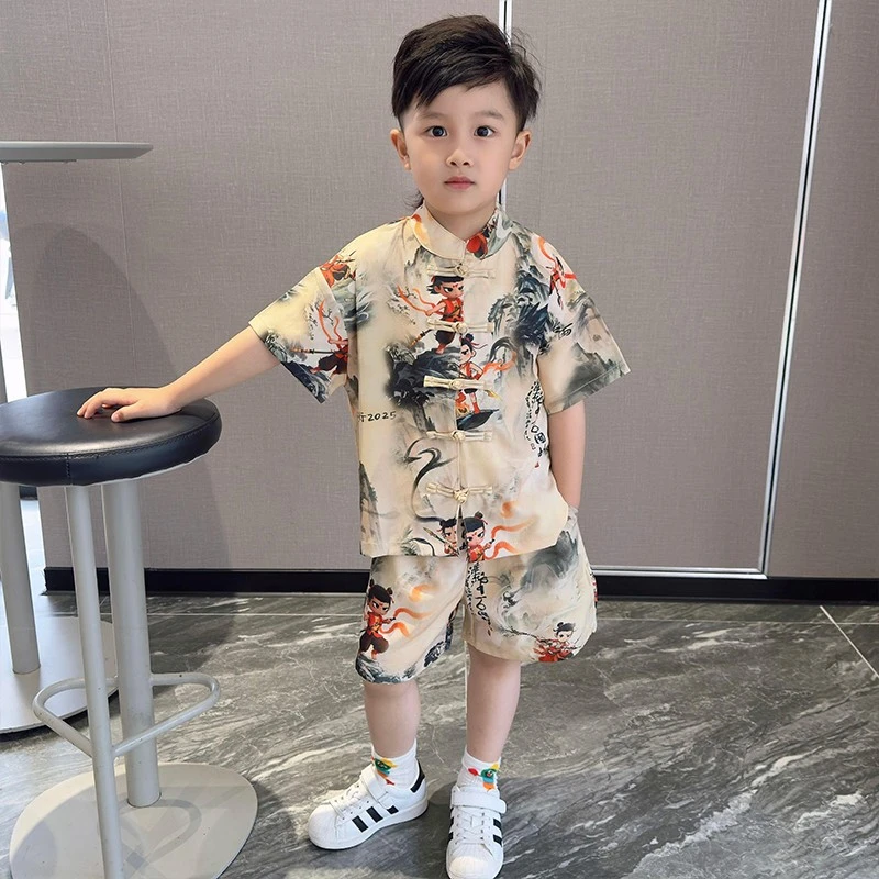 哪吒衣服儿童2025新款夏季套装男童汉服夏装中式短袖唐装表演服潮