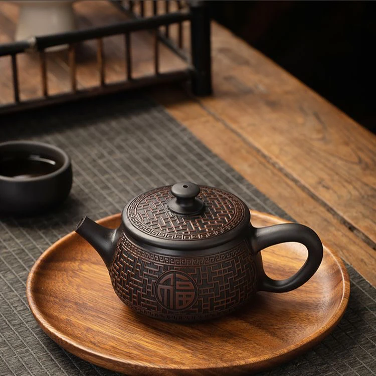 建水紫陶满雕满刻汉瓦壶纯手工家用茶器送礼