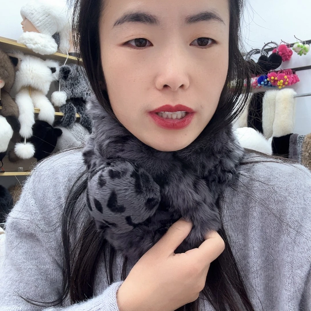 兔皮灰色豹纹兔毛瑕疵围巾