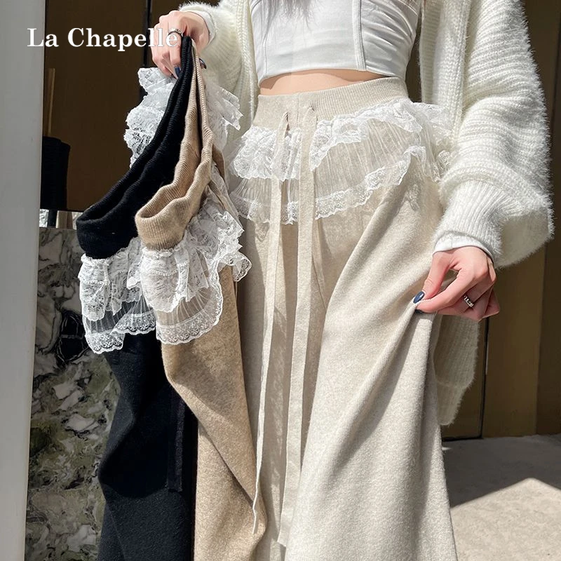 拉夏贝尔窄版阔腿裤女秋冬高腰糯米裤蕾丝拼接宽松针织垂感休闲裤