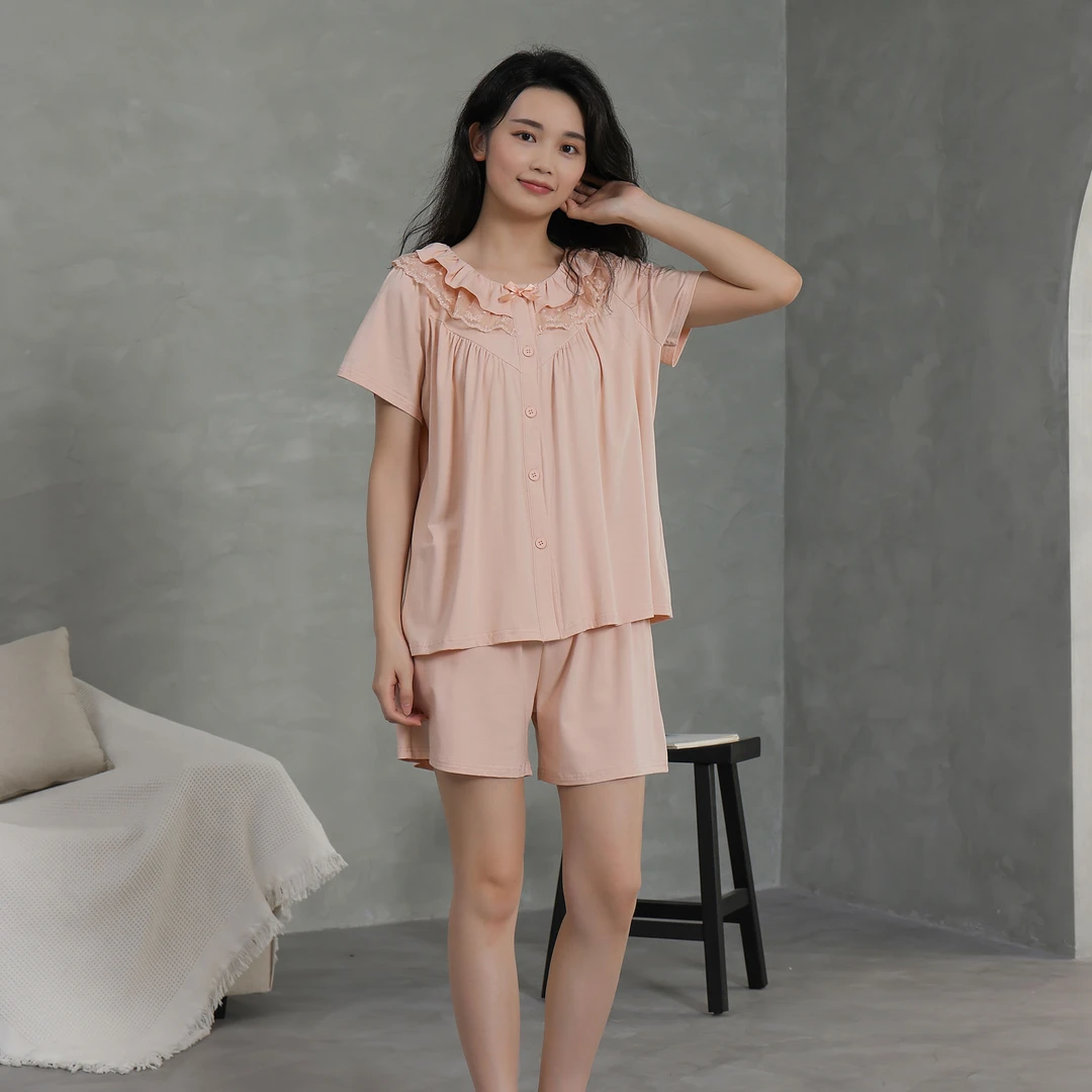 夏季青年短裙薄款睡衣家居服套装甜美简约短裤套装21008