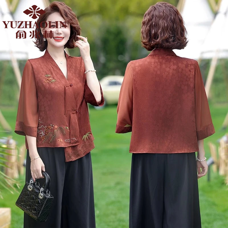俞兆林新中式妈妈夏装洋气仿真丝衬衫套装2025新款中老年国风刺绣