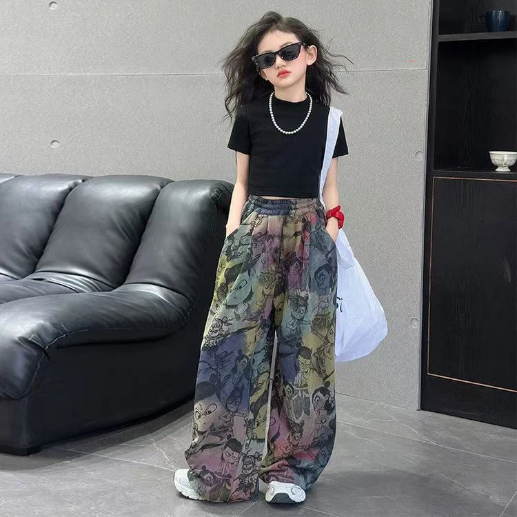 扎染渐变魔童哪吒印花直筒裤女童2025春夏新款薄款宽松百搭阔腿裤