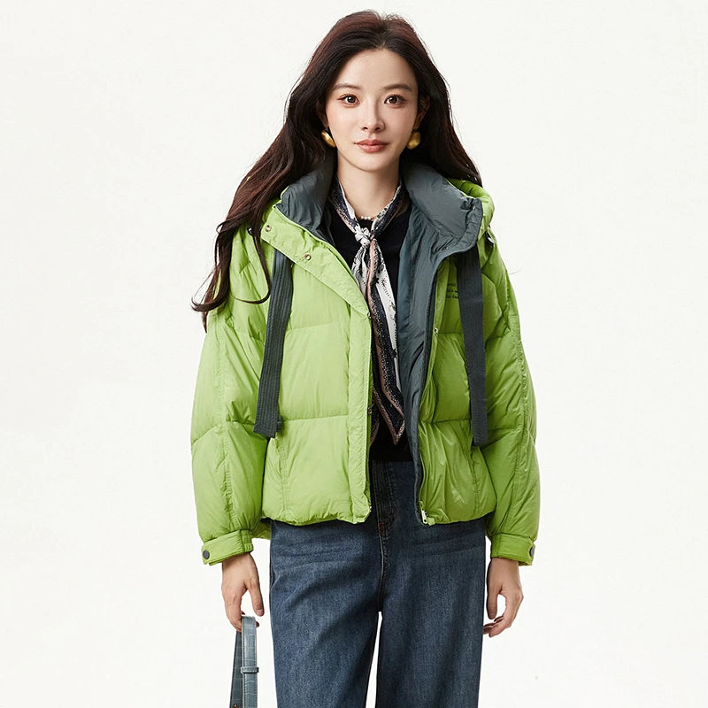 54MV1B0004洋气减龄蝙蝠袖白鸭绒连帽羽绒服女2025冬