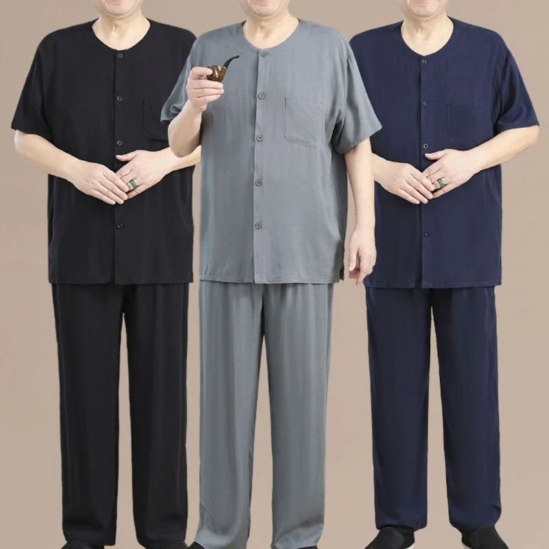 棉绸睡衣中老年男士开衫短袖家居服套装薄款爸爸宽松人造棉两件套