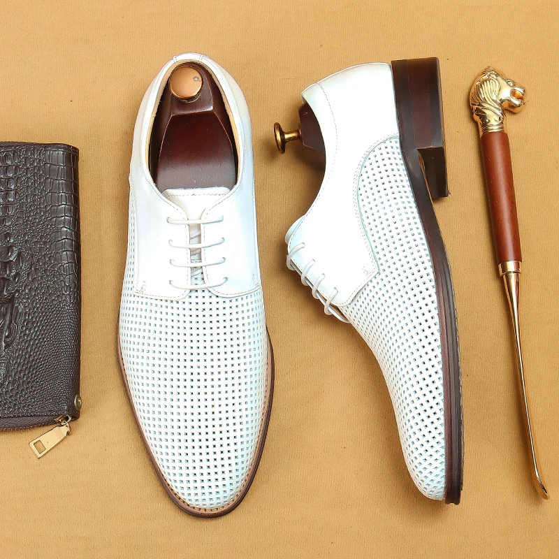 路易圣戈希白色正装皮鞋镂空软面商务休闲男士夏季透气皮鞋百搭