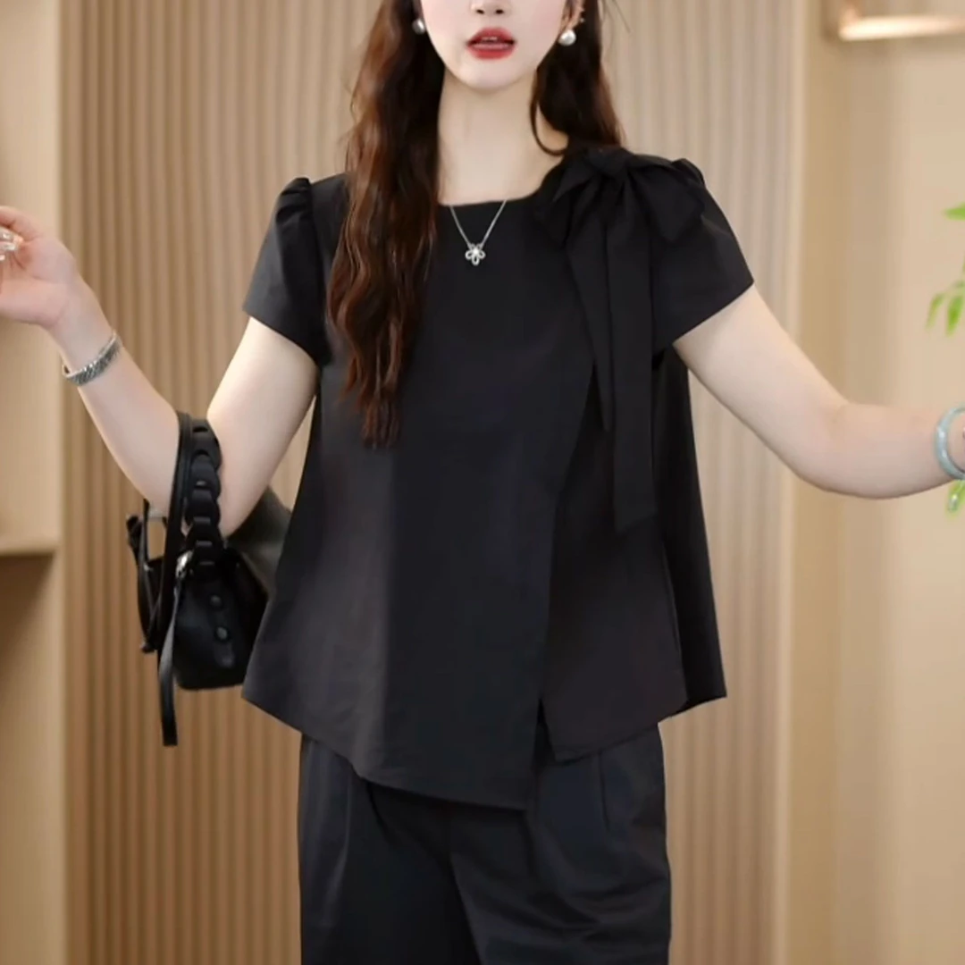 2026夏季新款时尚设计感遮肚显瘦蝴蝶结短袖上衣阔腿裤两件套装女