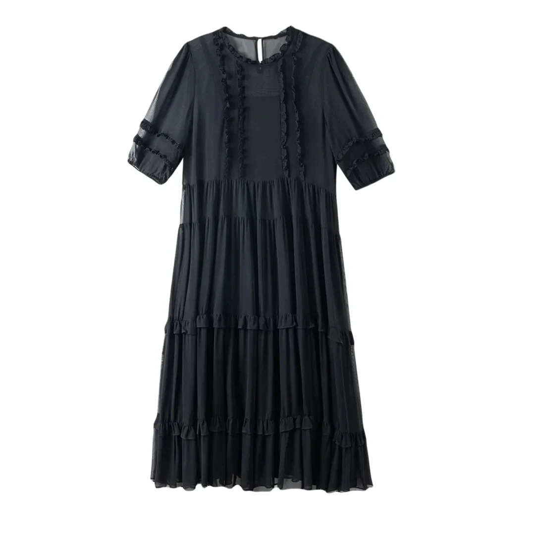 【100%桑蚕丝】优雅木耳边圆领宽松纯色长款连衣裙 3051【无吊带