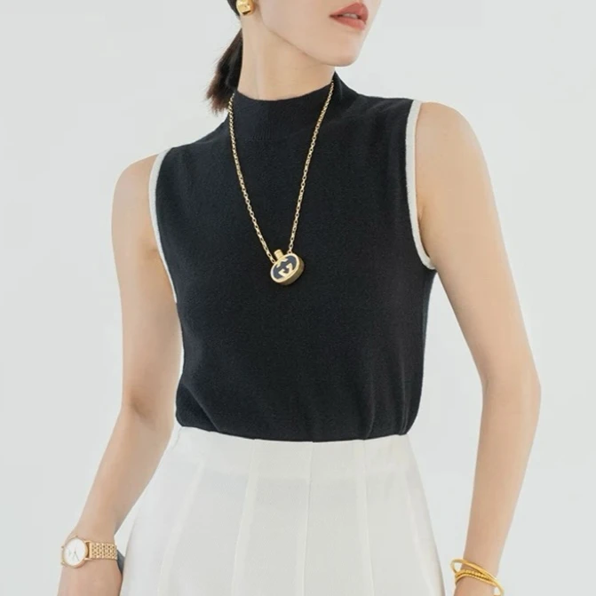 【美久仟】断色断码清！绵羊毛半高领拼色无袖针织衫