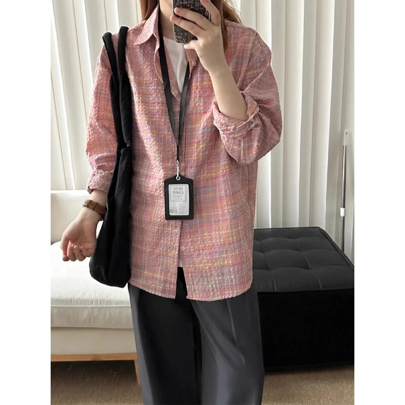 粉色泡泡纱彩虹格子衬衫男款美式长袖衬衣cleanfit多巴胺上衣外套