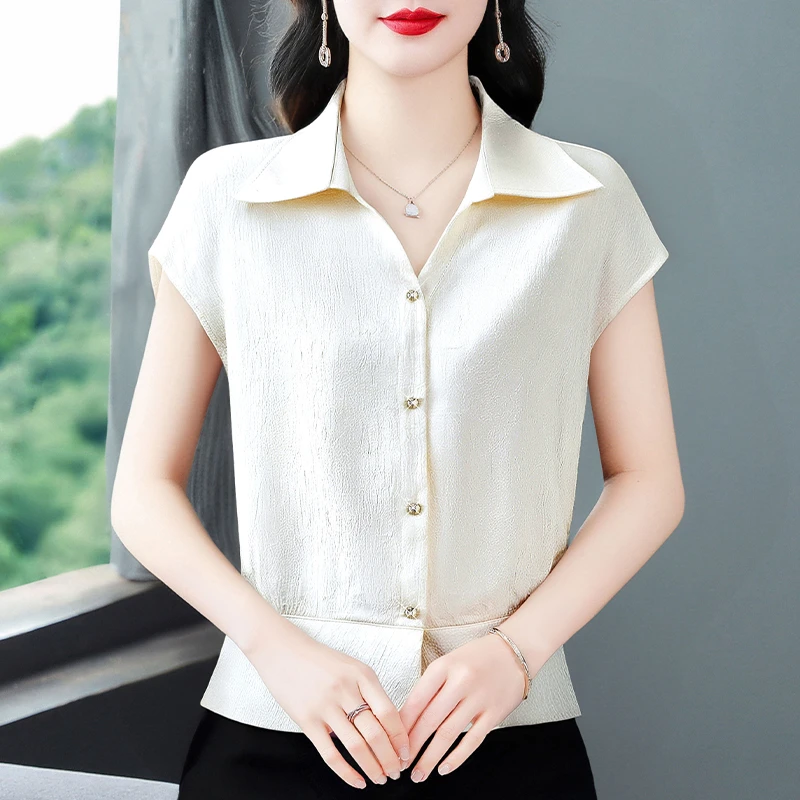 醋酸缎面短袖衬衫女2025夏季新款高级感轻奢洋气衬衣收腰短款上衣