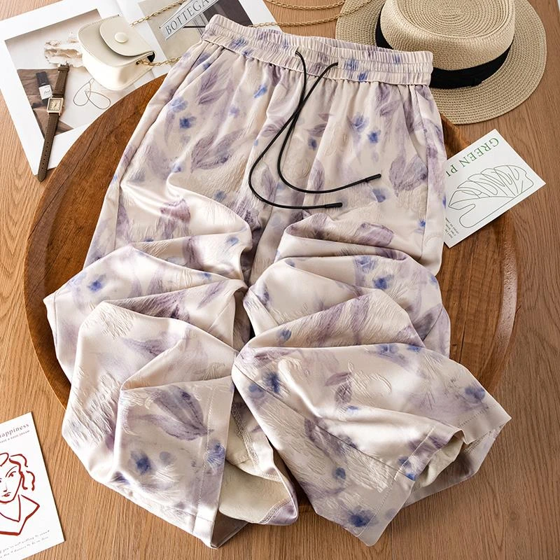 缎面印花阔腿裤女夏季薄款2025年新款高腰垂感窄版直筒冰丝休闲裤