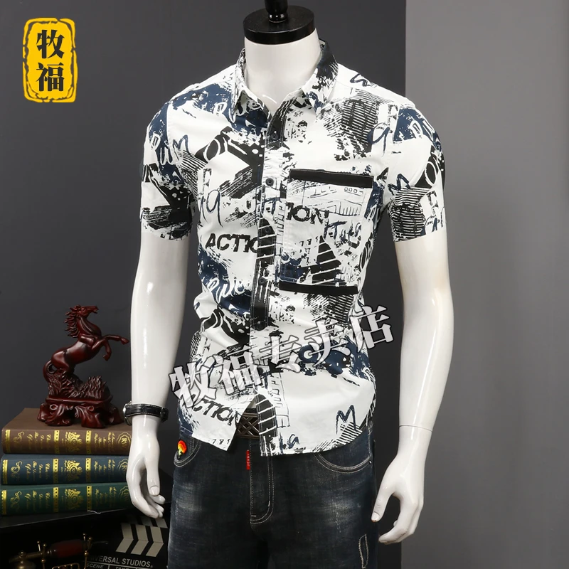 夏装衬衫男短袖宽松痞帅纯棉复古休闲印花衬衣青年日系港风上衣潮