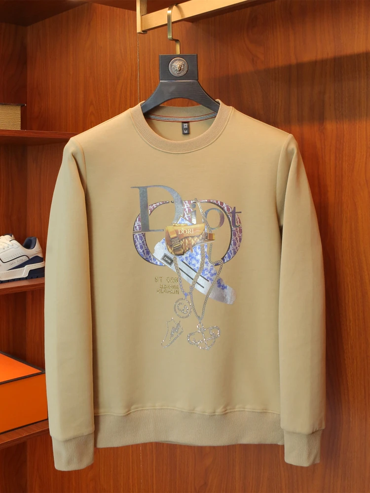 2025秋季新款男士高级印花卫衣男装潮牌圆领长袖t恤男修身打底衫