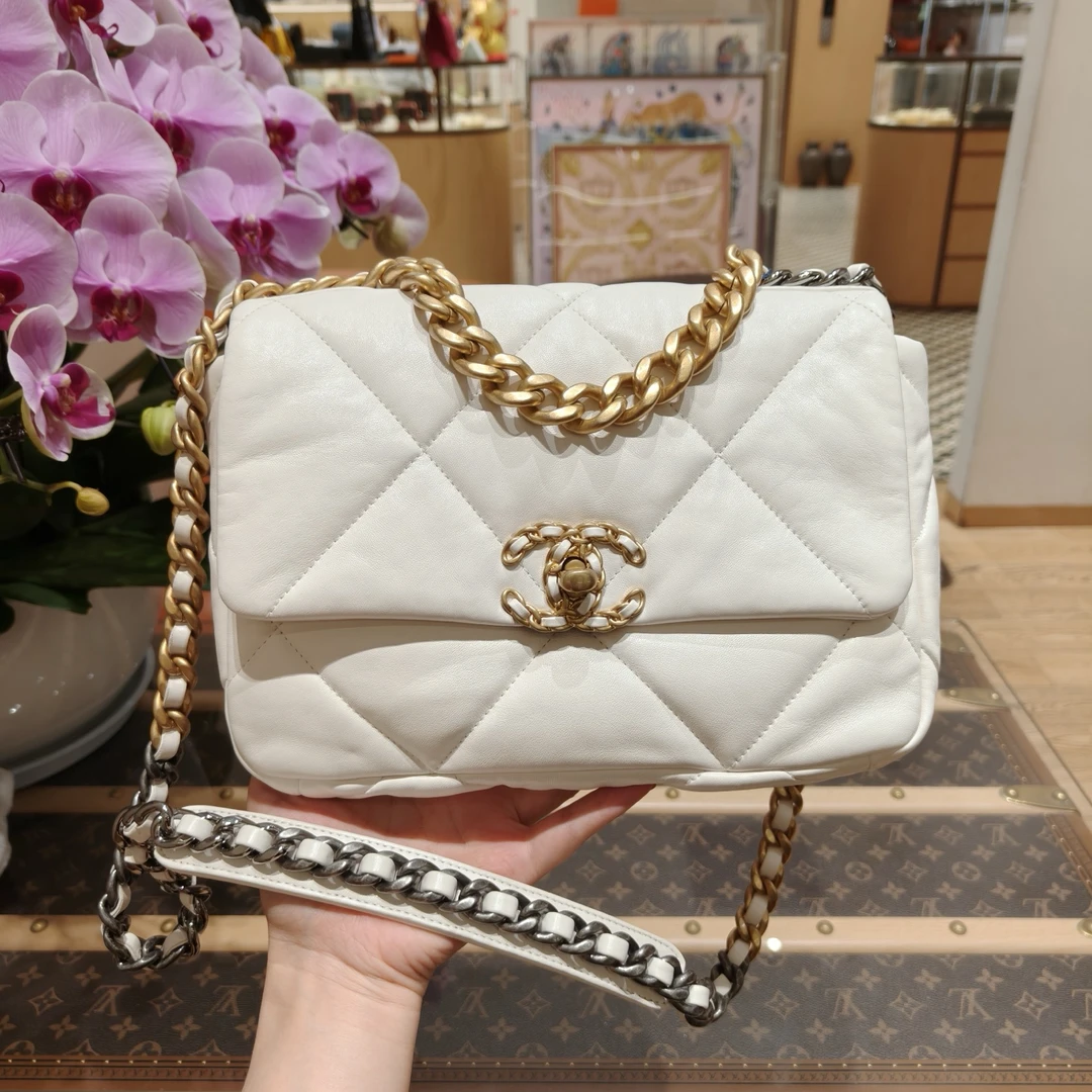 99新 Chanel/香奈儿 19bag小号白色金扣 手提单肩斜挎包 31开