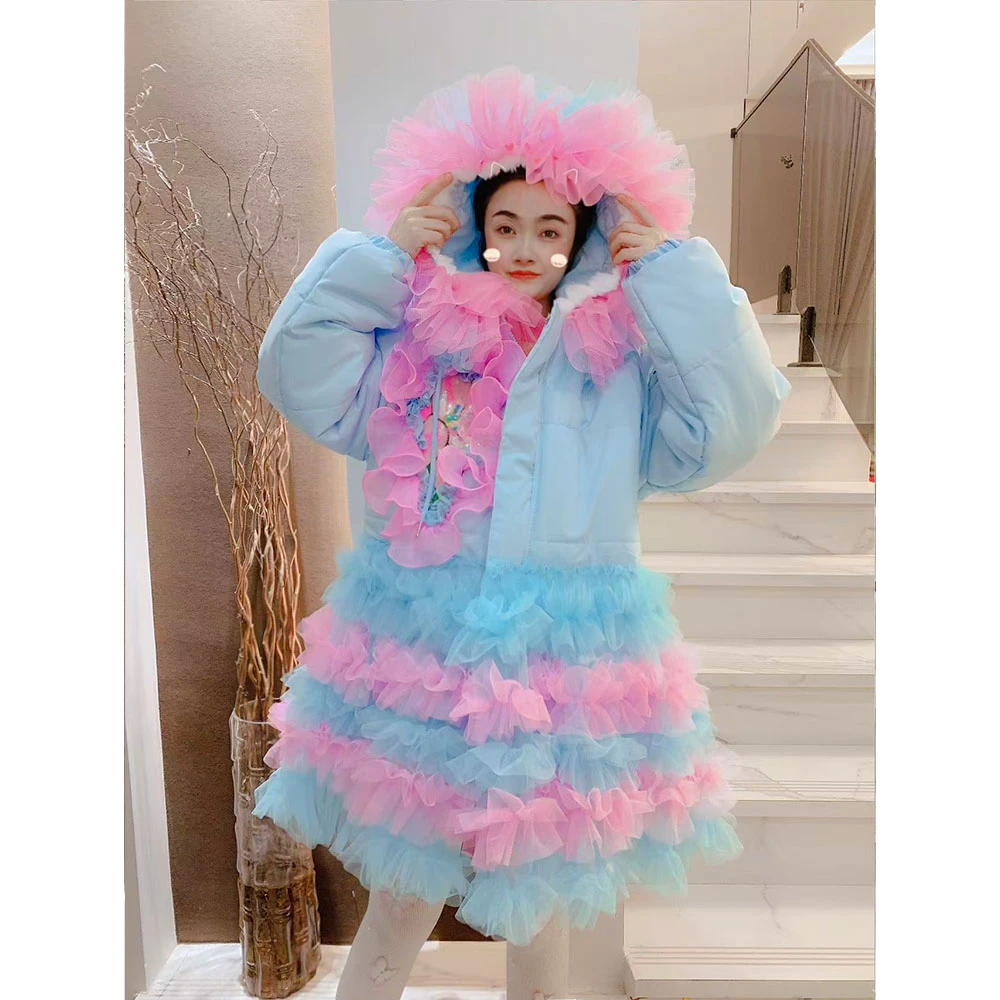 连帽拼接保暖加厚宽松型厚款棉服外套韩版渐变冬装