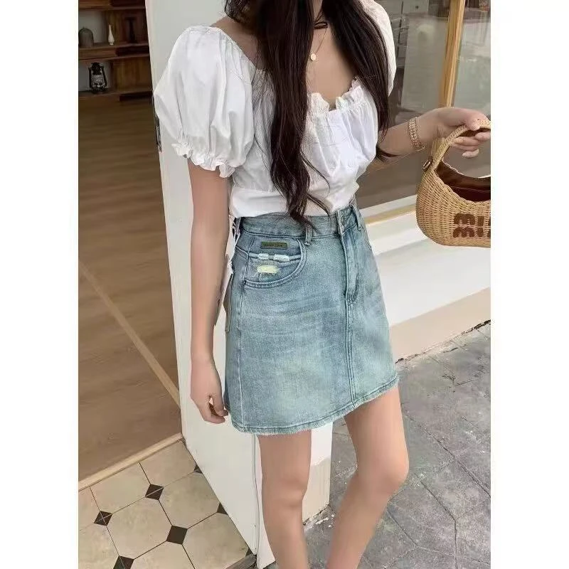 18168*短裙高腰半身裙浅色短裙复古春日慢人风（裙长约41）