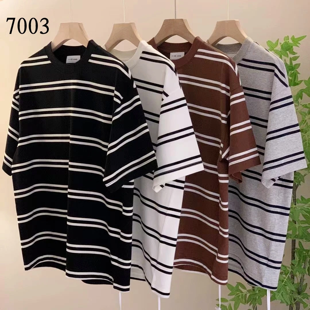 【港风水洗条纹短袖】7001韩式休闲男女同款潮牌T