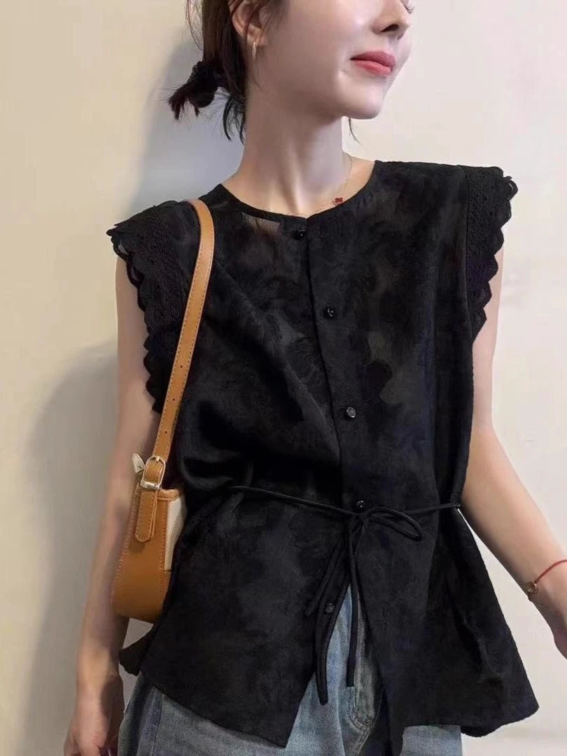 黑色圆领系带无袖衬衫女欧洲站2025夏季新款欧货女装时尚洋气小衫