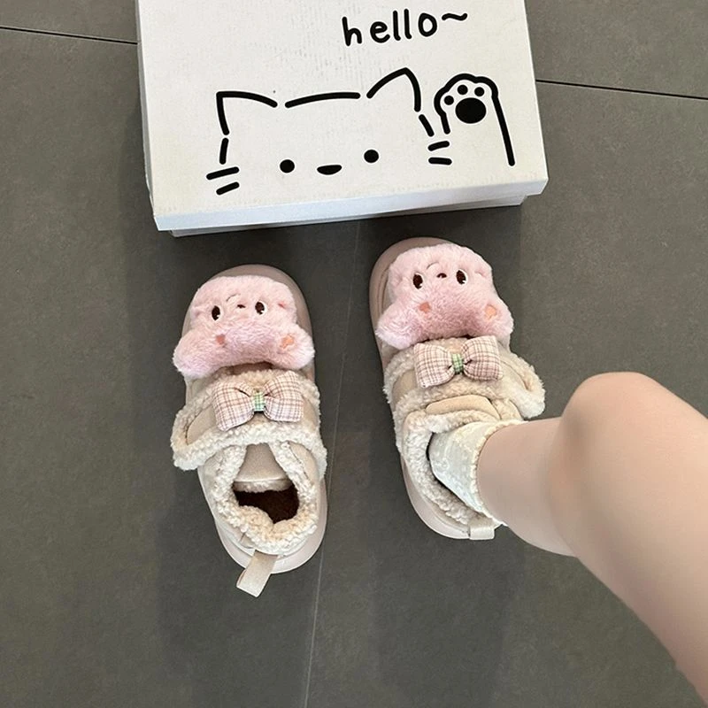 可爱卡通小熊头魔术贴棉鞋女2025秋冬新款外穿厚底加绒保暖雪地靴