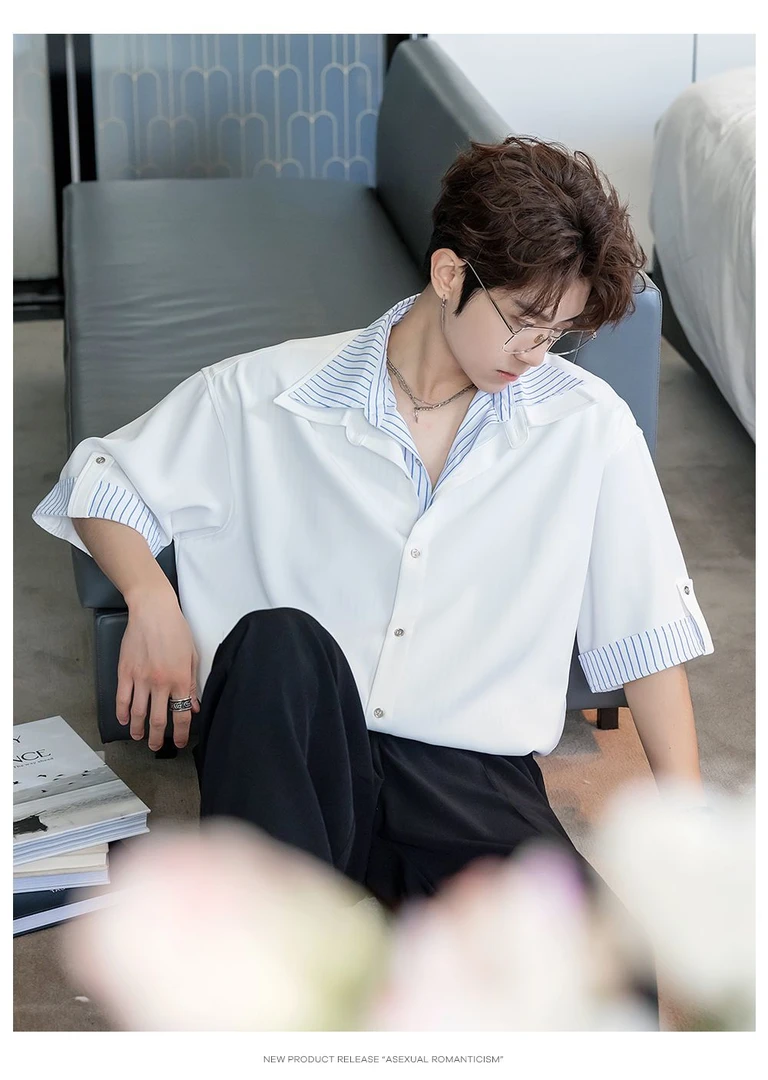 男款高级男生休闲假两件短袖白衬衫轻奢痞帅男装男士夏季薄款衬衫