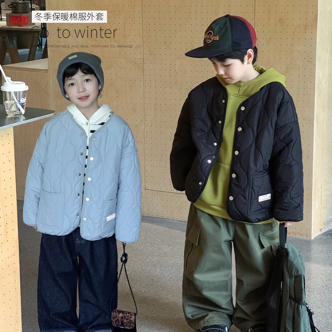 棉小班童装冬季洋气贴标绗棉宝宝外套纯色加厚儿童棉服上衣AD5034