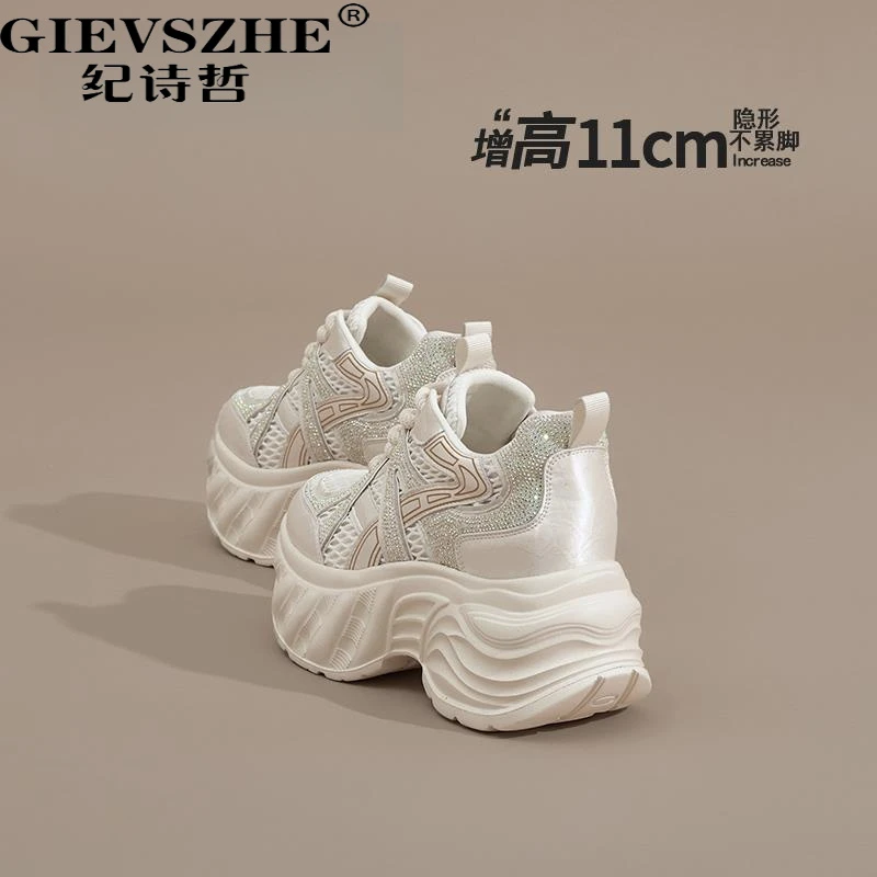 纪诗哲2025春秋新款米白超厚底运动女鞋内增高11CM轻便软底老爹鞋