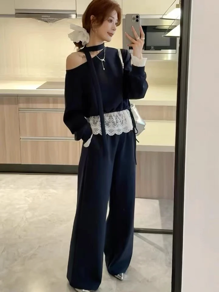 2025新款春斜肩挂脖飘带拼接蕾丝卫衣➕阔腿长裤两件套气质纯欲款
