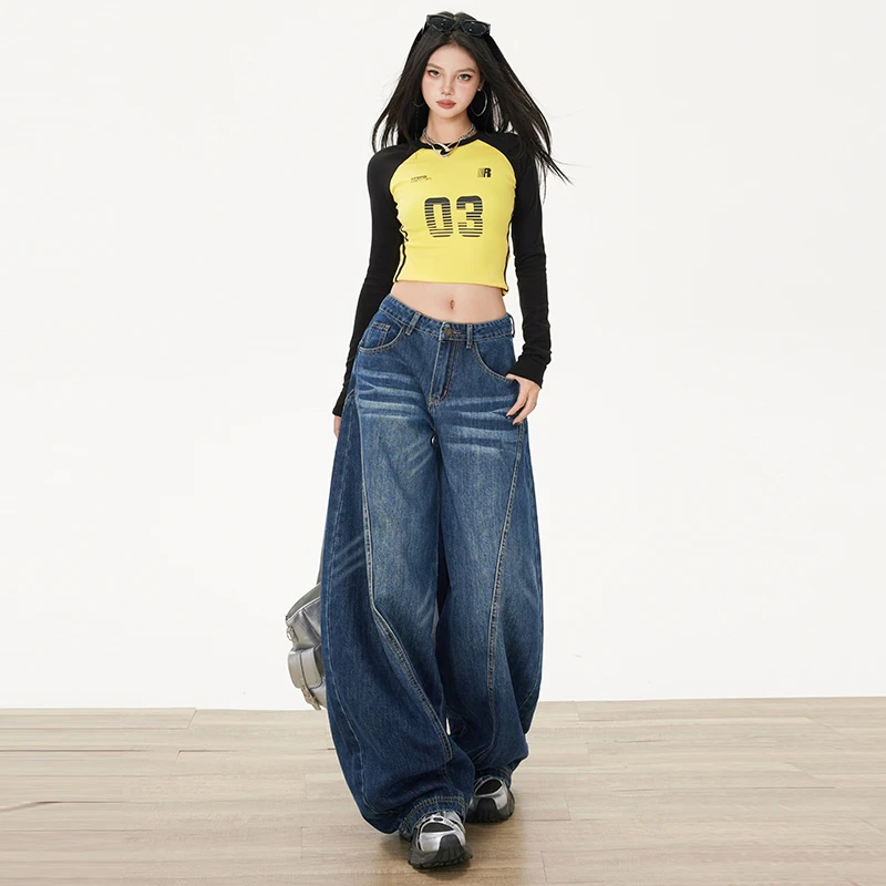 【偶句】蓝色弯刀牛仔裤女美式复古vintage水洗宽松阔腿拖地裤子潮