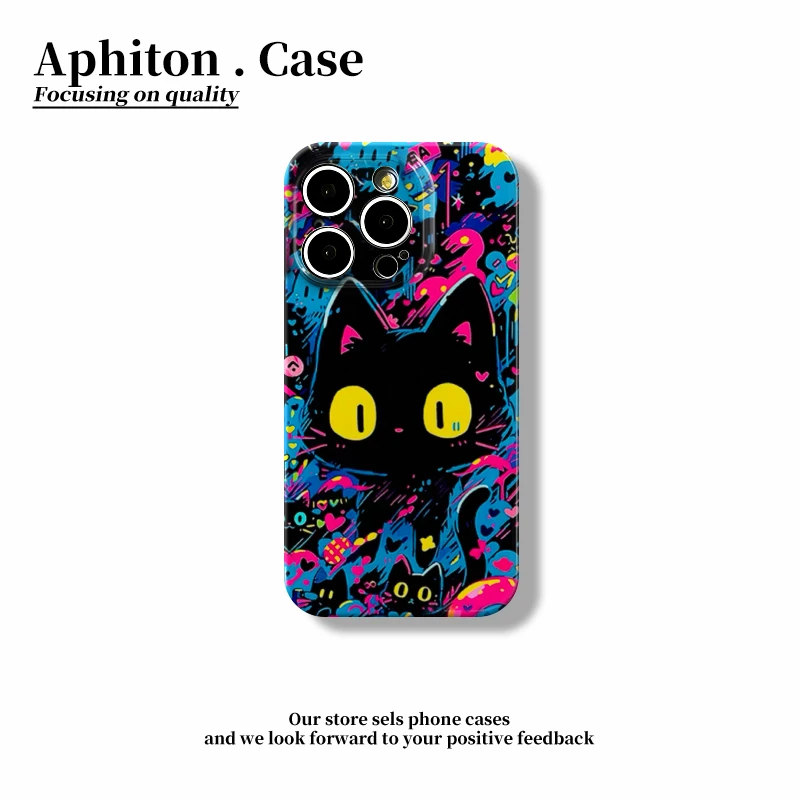 奥菲顿多巴胺涂鸦黑猫适用苹果16菲林手机壳小米15vivoppo华为p70