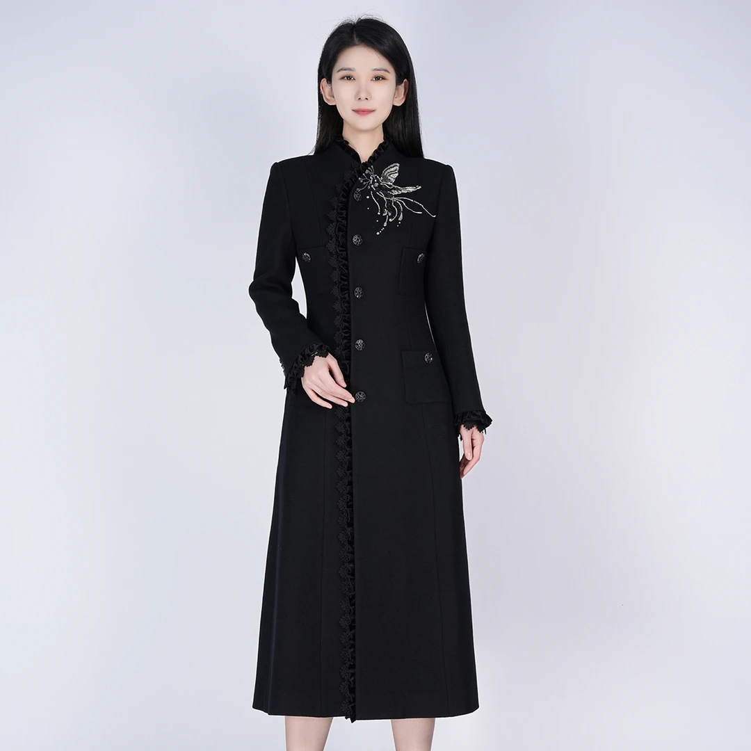 中国风羊毛精致刺绣收腰显瘦女士羊毛战袍连衣裙HCSS050953