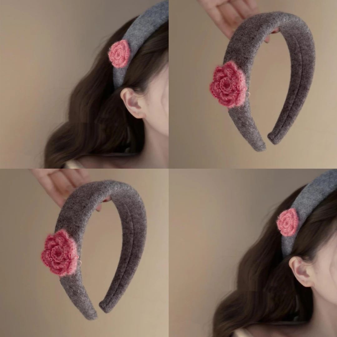 秋冬新款韩系温柔少女毛线花朵宽发箍高颅顶压发头箍洗脸化妆发饰