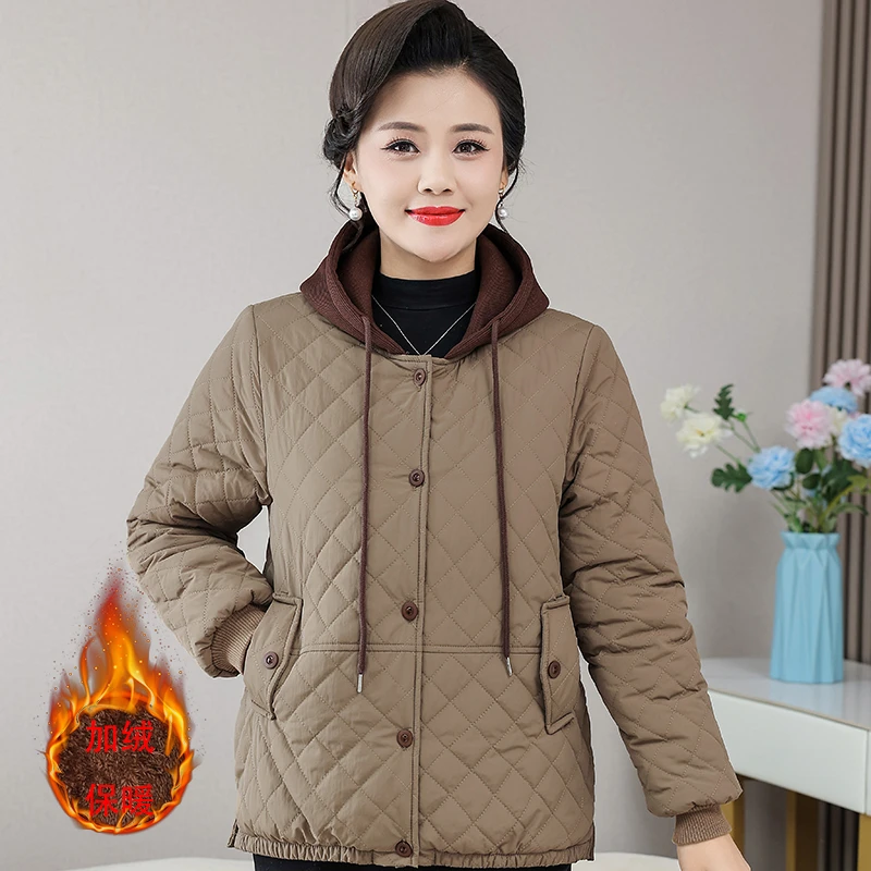 秋冬女装中年妈妈韩版加绒女装棉衣保暖连帽