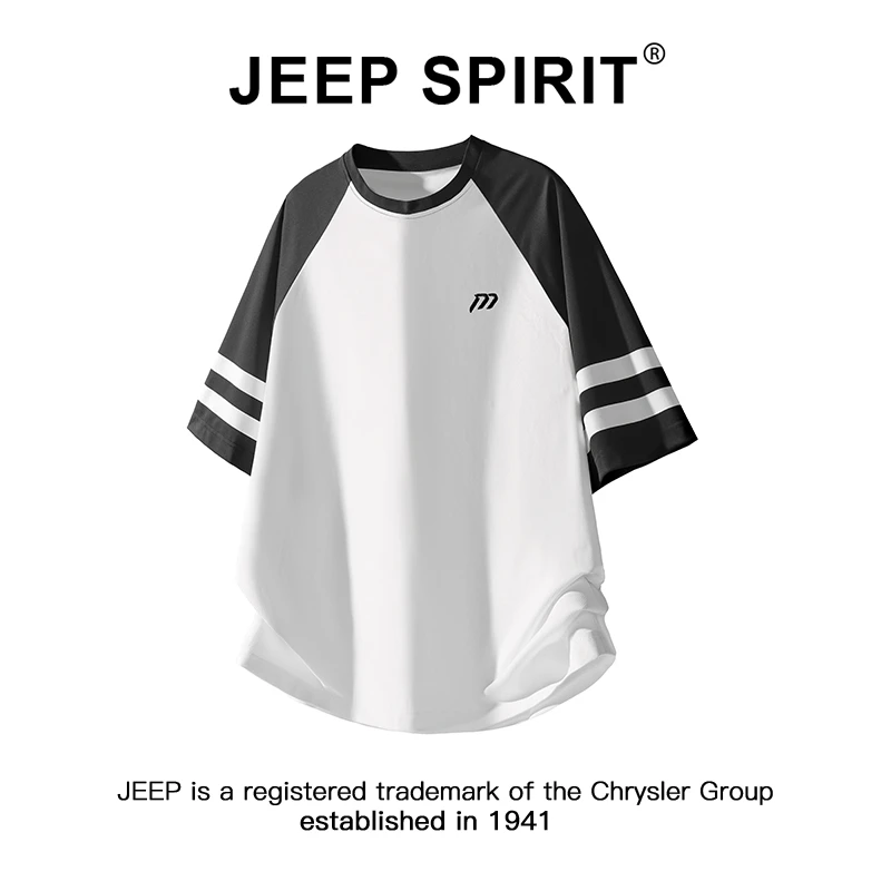 JEEPSPIRIT吉普插肩圆领短袖T恤男士夏季凉感速干休闲刺绣上衣服