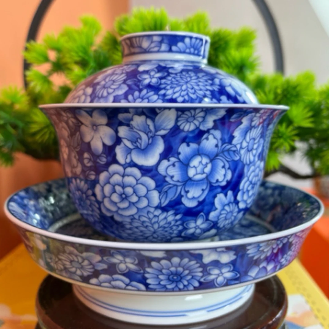 景德镇手工手作釉下彩青花瓷花团锦簇高端陶瓷茶具高足元宝盖碗