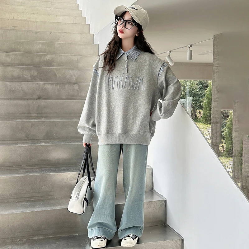 女大童卫衣小女孩洋气时髦上衣牛仔裤中学生衣服2025流行新款潮流