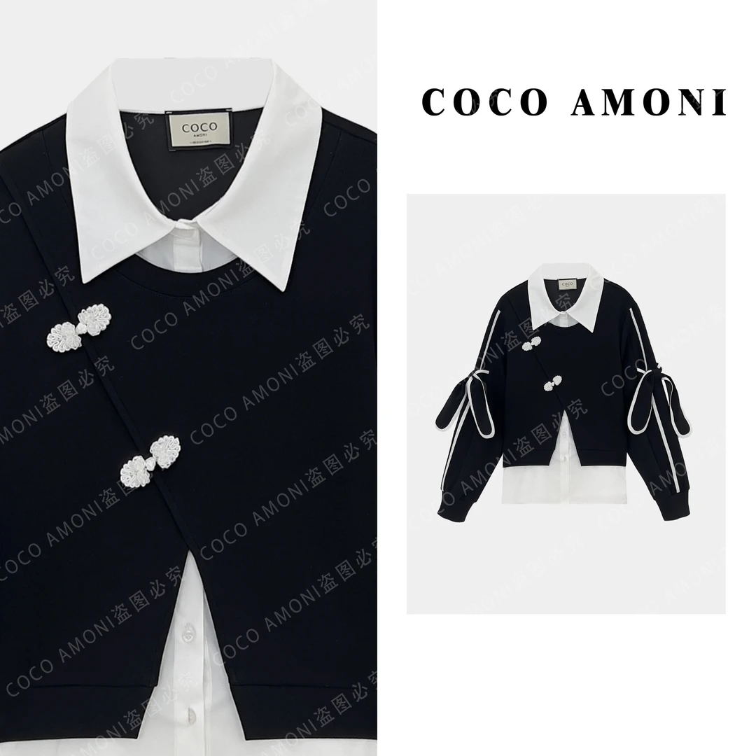 新款时尚假两件女装拼接重工蝴蝶结设计减龄显瘦卫衣AD159