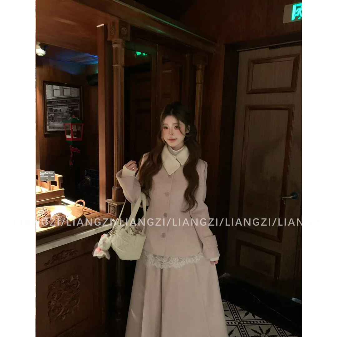 梁子【花奈织雪】冬季韩系小香风纯色单排扣羽绒服/长款高腰伞裙