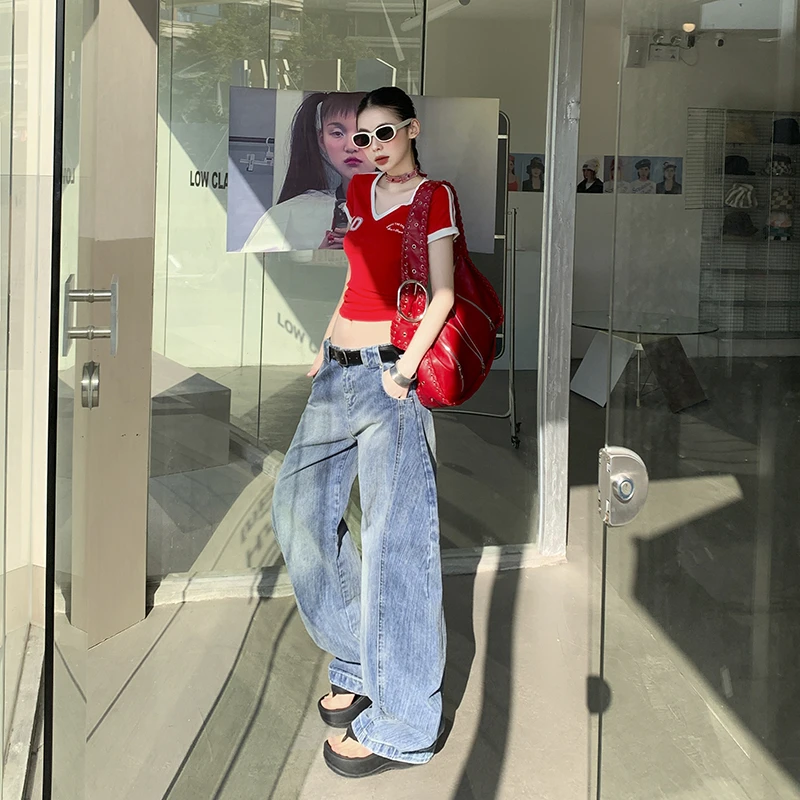 5th ootd! ｜美式复古水洗浅蓝色弯刀牛仔裤女新款宽松阔腿拖地裤