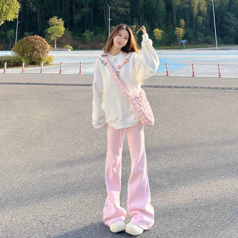 180高个子175加长粉色喇叭裤女秋冬高腰休闲卫裤微喇裤瑜伽运动裤